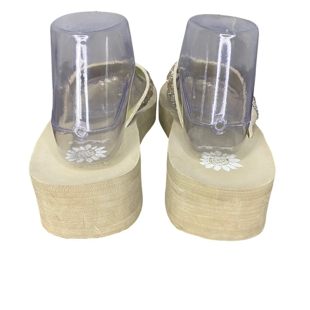 Yellow Box Tan Rhinestone Gem Embellished Wedge Platform Flip Flops Women Size 9 - Picture 7 of 12